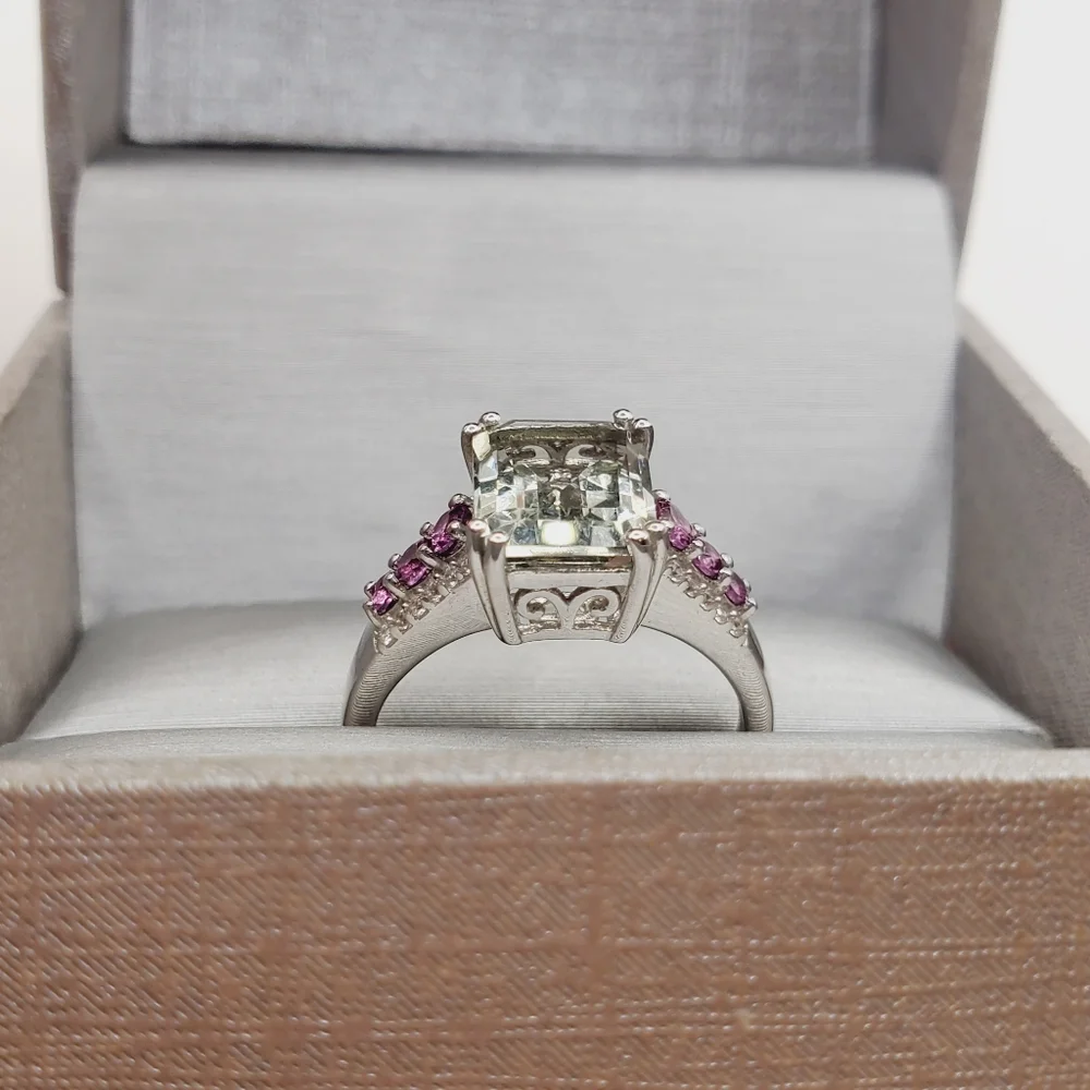 Emerald Cut Montezuma Prasiolite & Pink Tourmaline 925 Sterling Silver Ring
